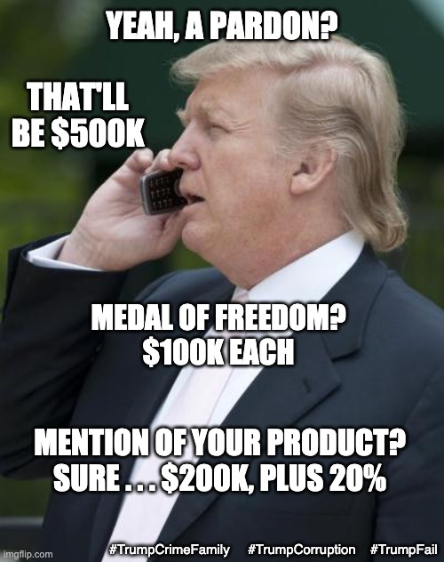 Going out of business sale!  Everything must go! | YEAH, A PARDON? THAT'LL BE $500K; MEDAL OF FREEDOM?
$100K EACH; MENTION OF YOUR PRODUCT?
SURE . . . $200K, PLUS 20%; #TrumpCrimeFamily     #TrumpCorruption    #TrumpFail | image tagged in trump on the phone,corruption,crime,law and order,republicans,failure | made w/ Imgflip meme maker