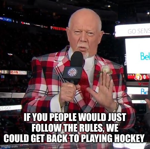 Don Cherry | IF YOU PEOPLE WOULD JUST FOLLOW THE RULES, WE COULD GET BACK TO PLAYING HOCKEY | image tagged in don cherry | made w/ Imgflip meme maker