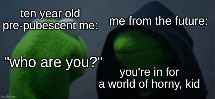 you're in for a world of horny, kid | ten year old pre-pubescent me:; me from the future:; "who are you?"; you're in for a world of horny, kid | image tagged in memes,evil kermit,horny,time travel,warning,child | made w/ Imgflip meme maker