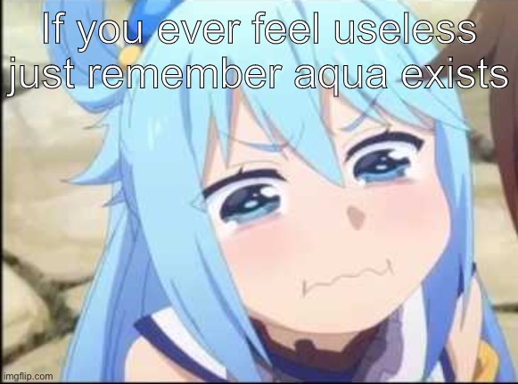 what do I put here idk | If you ever feel useless just remember aqua exists | image tagged in crying aqua konosuba | made w/ Imgflip meme maker