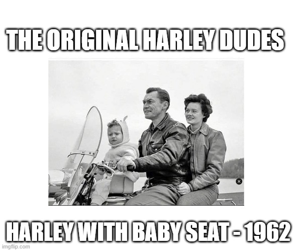 Original Harley Dudes | THE ORIGINAL HARLEY DUDES; HARLEY WITH BABY SEAT - 1962 | image tagged in harley davidson | made w/ Imgflip meme maker