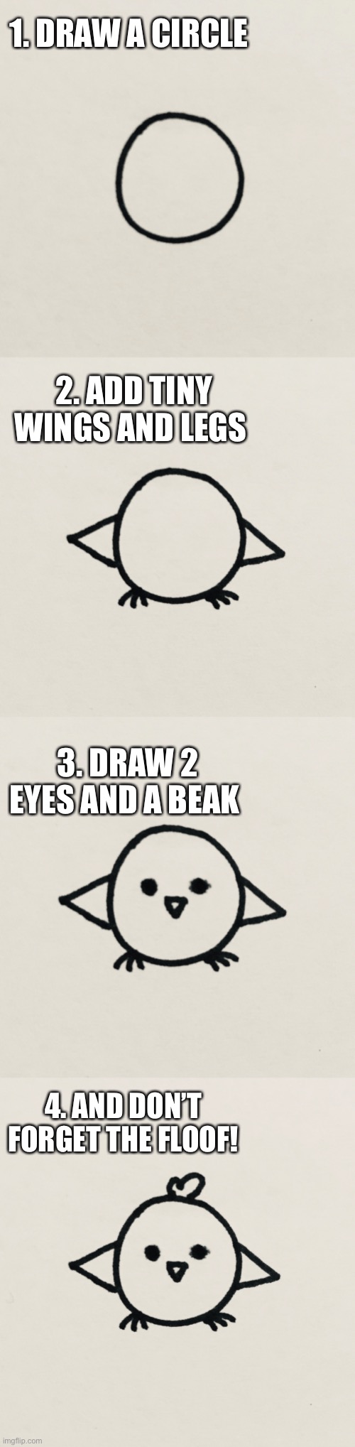 How to draw a cute birb: | 1. DRAW A CIRCLE; 2. ADD TINY WINGS AND LEGS; 3. DRAW 2 EYES AND A BEAK; 4. AND DON’T FORGET THE FLOOF! | image tagged in birb,drawing,steps | made w/ Imgflip meme maker
