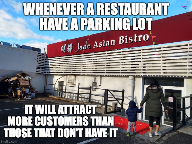 Restaurant with Parking Lot | WHENEVER A RESTAURANT HAVE A PARKING LOT; IT WILL ATTRACT MORE CUSTOMERS THAN THOSE THAT DON'T HAVE IT | image tagged in restaurant,parking lot,memes | made w/ Imgflip meme maker