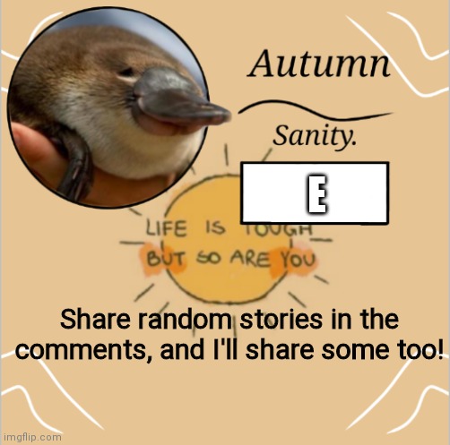 They can be ghost stories, experiences, or anything you wanna share. | E; Share random stories in the comments, and I'll share some too! | image tagged in e | made w/ Imgflip meme maker