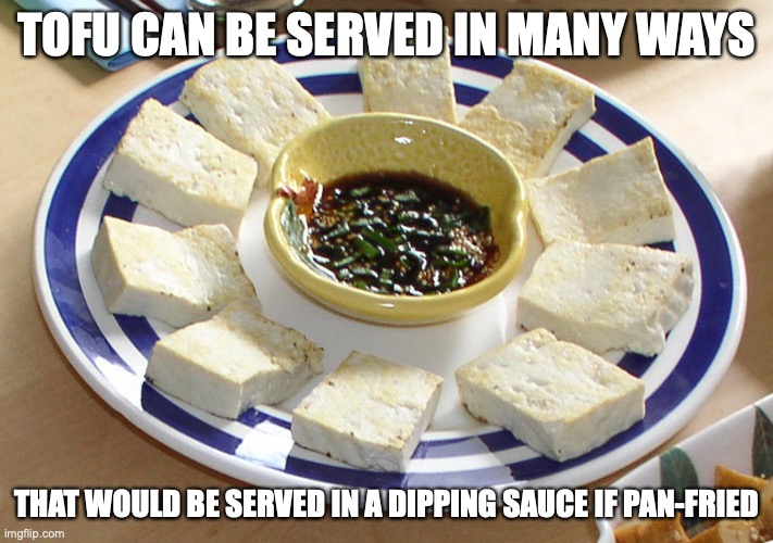 Pan-Fried Tofu | TOFU CAN BE SERVED IN MANY WAYS; THAT WOULD BE SERVED IN A DIPPING SAUCE IF PAN-FRIED | image tagged in tofu,food,memes | made w/ Imgflip meme maker