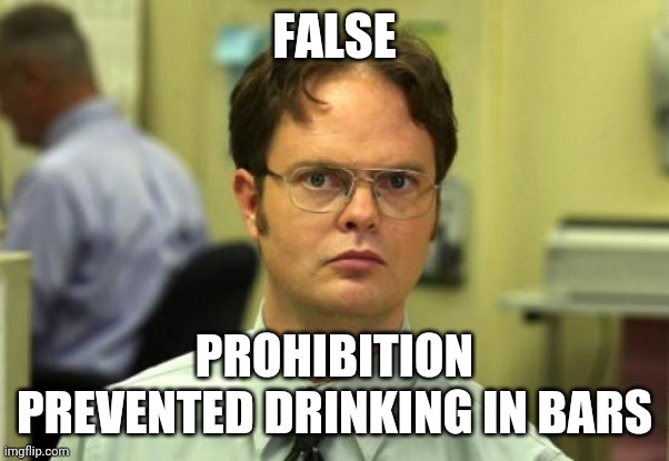 Dwight Schrute Meme | FALSE PROHIBITION PREVENTED DRINKING IN BARS | image tagged in memes,dwight schrute | made w/ Imgflip meme maker