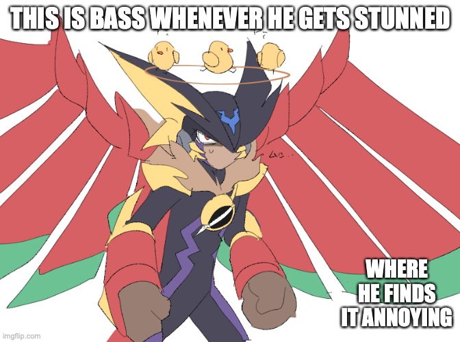 Dizzy Bass.EXE | THIS IS BASS WHENEVER HE GETS STUNNED; WHERE HE FINDS IT ANNOYING | image tagged in bass,megaman,megaman battle network,memes | made w/ Imgflip meme maker