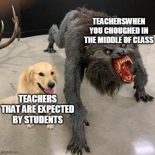 Bruh but i just coughed once | TEACHERSWHEN YOU CHOUGHED IN THE MIDDLE OF CLASS; TEACHERS THAT ARE EXPECTED BY STUDENTS | image tagged in good dog scary dog,funny,relatable | made w/ Imgflip meme maker