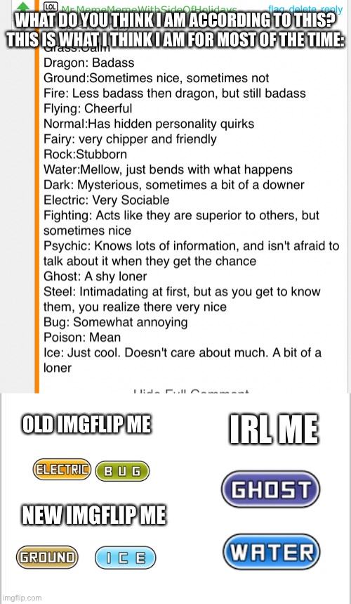 Ice without the cool part so yeah | WHAT DO YOU THINK I AM ACCORDING TO THIS? THIS IS WHAT I THINK I AM FOR MOST OF THE TIME:; IRL ME; OLD IMGFLIP ME; NEW IMGFLIP ME | image tagged in white background | made w/ Imgflip meme maker
