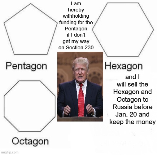 Come One Come All To The White House Yard Sale, Everything Must Go Before Jan. 20, Pardons Free With $100 Purchase! | I am hereby withholding funding for the Pentagon if I don't get my way on Section 230; and I will sell the Hexagon and Octagon to Russia before Jan. 20 and keep the money | image tagged in memes,pentagon hexagon octagon,donald trump | made w/ Imgflip meme maker