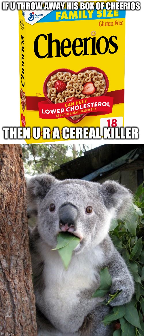 koala | IF U THROW AWAY HIS BOX OF CHEERIOS; THEN U R A CEREAL KILLER | image tagged in memes,funny,funny memes,funny meme,lol so funny,lol | made w/ Imgflip meme maker
