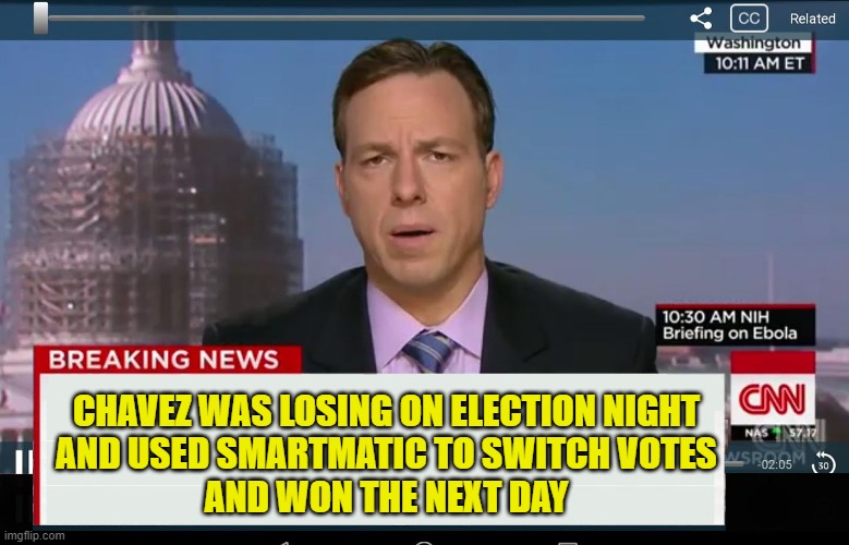 Chavez was losing on election night and used Smartmatic to switch votes and won the next day | CHAVEZ WAS LOSING ON ELECTION NIGHT
AND USED SMARTMATIC TO SWITCH VOTES
AND WON THE NEXT DAY | image tagged in cnn crazy news network | made w/ Imgflip meme maker