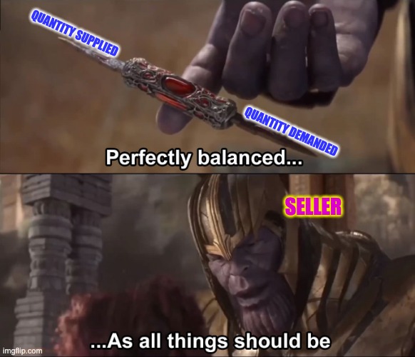 equilibrium | QUANTITY SUPPLIED                                                                  QUANTITY DEMANDED; SELLER | image tagged in thanos perfectly balanced as all things should be | made w/ Imgflip meme maker