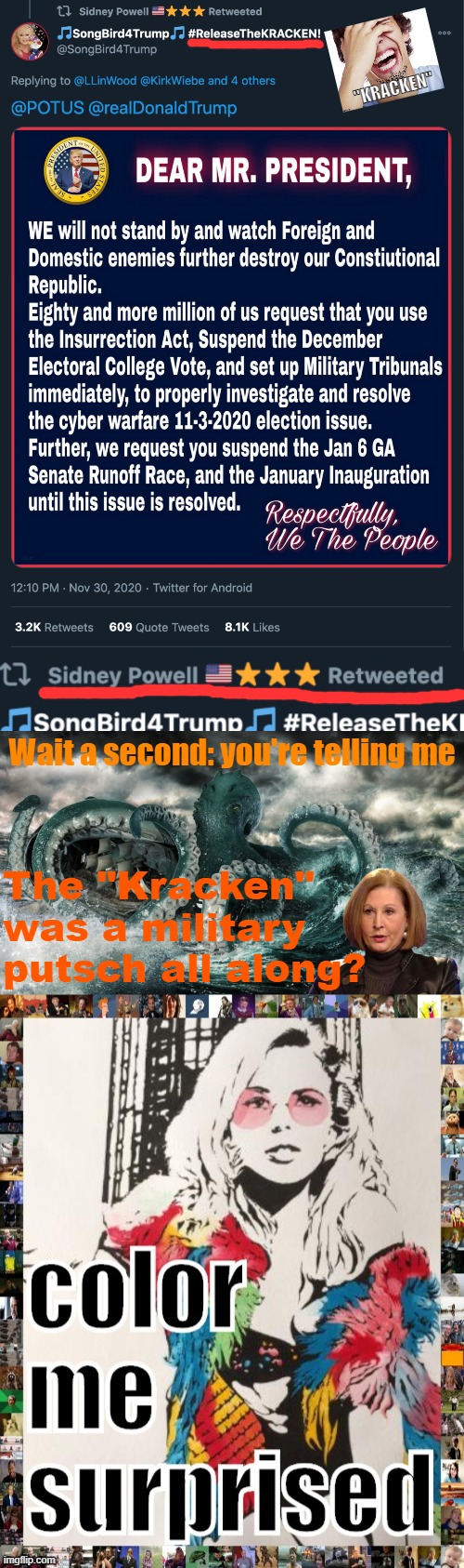 Bold retweet, Sidney Powell: which as we've learned over the past 4 years, lends crazy righties instant plausible deniability. | "KRACKEN"; Wait a second: you're telling me; The "Kracken" was a military putsch all along? | image tagged in sidney powell retweet crazy coup,sidney powell kraken,kylie color me surprised redux,coup,2020 elections,election 2020 | made w/ Imgflip meme maker