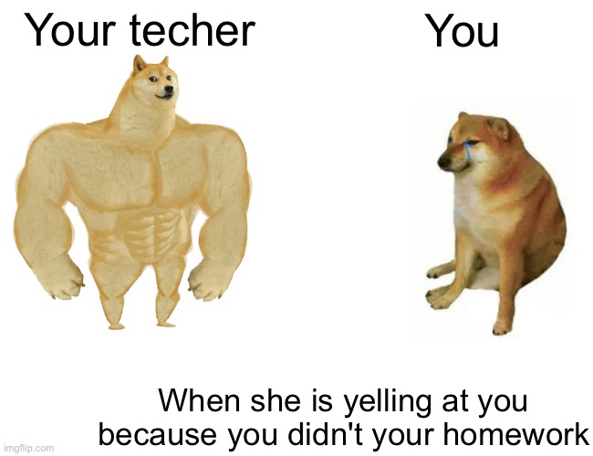 It happens everytime | Your techer; You; When she is yelling at you because you didn't your homework | image tagged in memes,buff doge vs cheems | made w/ Imgflip meme maker