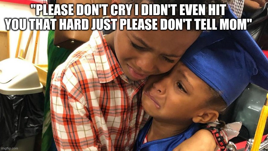 When you hit your sibling | "PLEASE DON'T CRY I DIDN'T EVEN HIT YOU THAT HARD JUST PLEASE DON'T TELL MOM" | image tagged in relatable,funny,memes,siblings | made w/ Imgflip meme maker