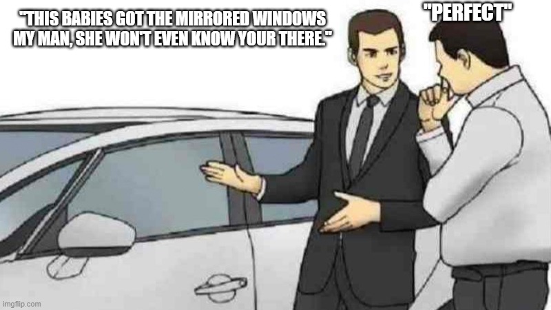 creepers jeepers | "PERFECT"; "THIS BABIES GOT THE MIRRORED WINDOWS MY MAN, SHE WON'T EVEN KNOW YOUR THERE." | image tagged in memes,car salesman slaps roof of car,american psycho | made w/ Imgflip meme maker