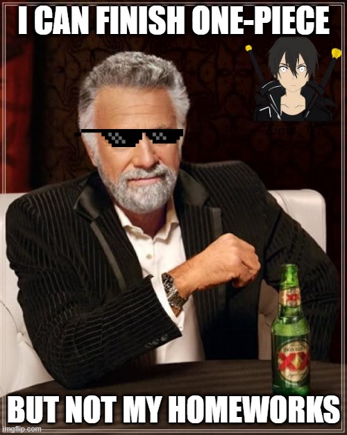 The Most Interesting Man In The World Meme | I CAN FINISH ONE-PIECE; BUT NOT MY HOMEWORKS | image tagged in memes,the most interesting man in the world | made w/ Imgflip meme maker