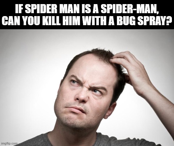 Confused man |  IF SPIDER MAN IS A SPIDER-MAN, CAN YOU KILL HIM WITH A BUG SPRAY? | image tagged in confused man | made w/ Imgflip meme maker