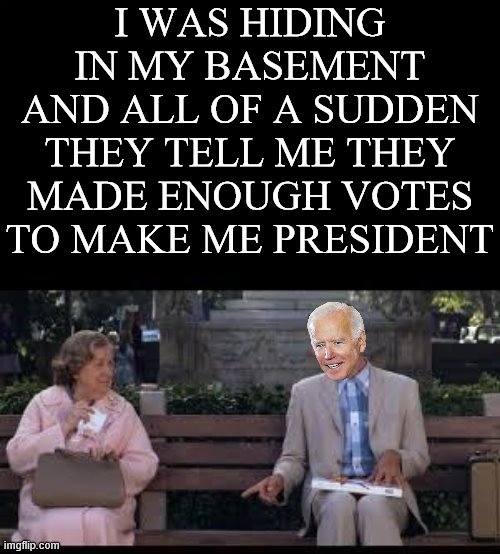 Slow Biden is used to cheating his way into office. | I WAS HIDING IN MY BASEMENT AND ALL OF A SUDDEN THEY TELL ME THEY MADE ENOUGH VOTES TO MAKE ME PRESIDENT | image tagged in forrest gump box of chocolates,political meme | made w/ Imgflip meme maker