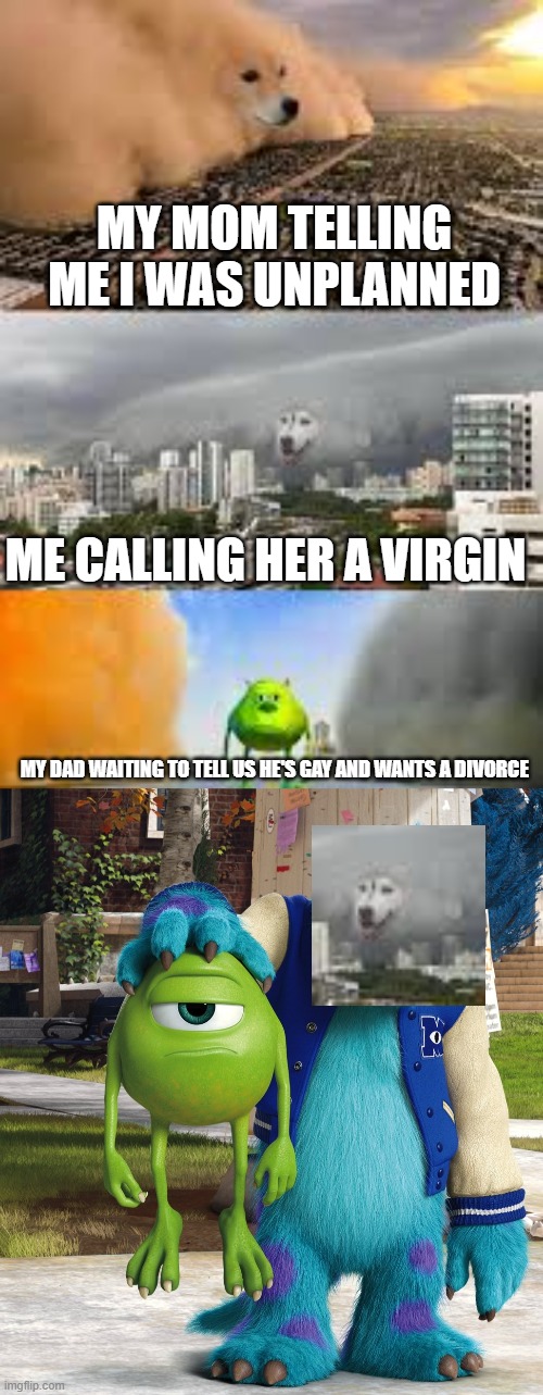 This actually happened today. | MY MOM TELLING ME I WAS UNPLANNED; ME CALLING HER A VIRGIN; MY DAD WAITING TO TELL US HE'S GAY AND WANTS A DIVORCE | image tagged in doggo storm and wazowski,mike and sully | made w/ Imgflip meme maker