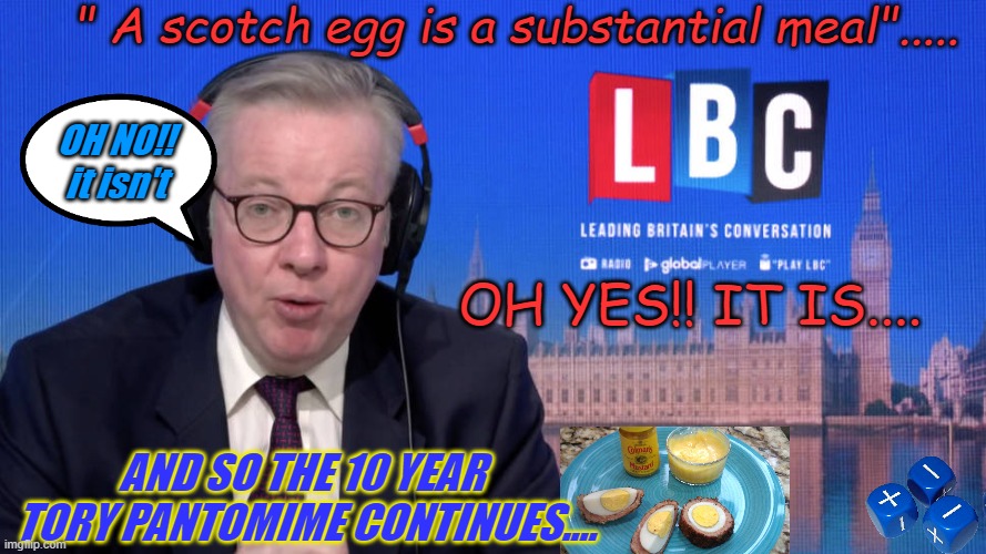 Scotch egg | " A scotch egg is a substantial meal"..... OH NO!!
it isn't; OH YES!! IT IS.... AND SO THE 10 YEAR
 TORY PANTOMIME CONTINUES.... | image tagged in scotch egg | made w/ Imgflip meme maker