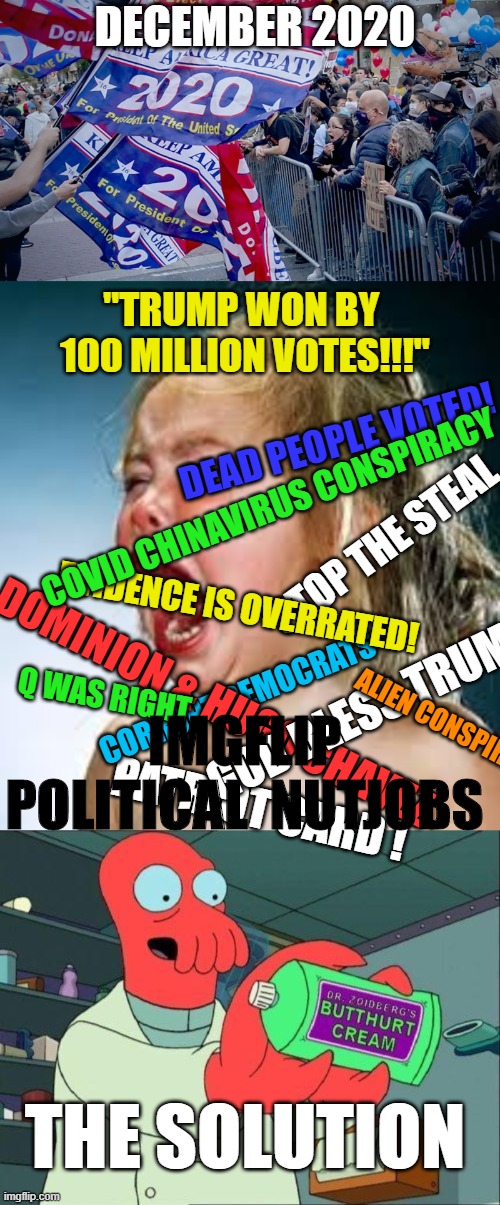 US Election 2020: The solution | DECEMBER 2020; "TRUMP WON BY 
100 MILLION VOTES!!!"; DEAD PEOPLE VOTED! COVID CHINAVIRUS CONSPIRACY; STOP THE STEAL; EVIDENCE IS OVERRATED! DOMINION & HUGO CHAVEZ; Q WAS RIGHT; GOD BLESS TRUMP; CORRUPT DEMOCRATS; IMGFLIP POLITICAL  NUTJOBS; ALIEN CONSPIRACY; PATRIOT CARD ! THE SOLUTION | image tagged in imgflip,trolls,trump,2020,butthurt | made w/ Imgflip meme maker