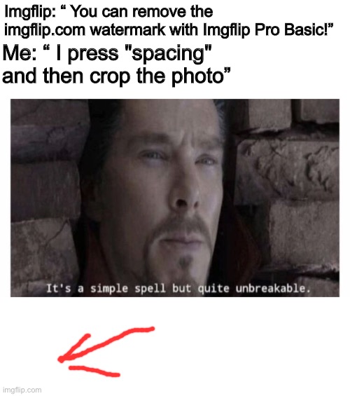 Doctor Meme | Imgflip: “ You can remove the imgflip.com watermark with Imgflip Pro Basic!”; Me: “ I press "spacing" and then crop the photo” | image tagged in memes,fun,funny meme | made w/ Imgflip meme maker