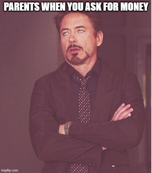 true | PARENTS WHEN YOU ASK FOR MONEY | image tagged in memes,face you make robert downey jr | made w/ Imgflip meme maker