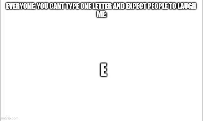 E |  EVERYONE: YOU CANT TYPE ONE LETTER AND EXPECT PEOPLE TO LAUGH 
ME:; E | image tagged in white background,e | made w/ Imgflip meme maker