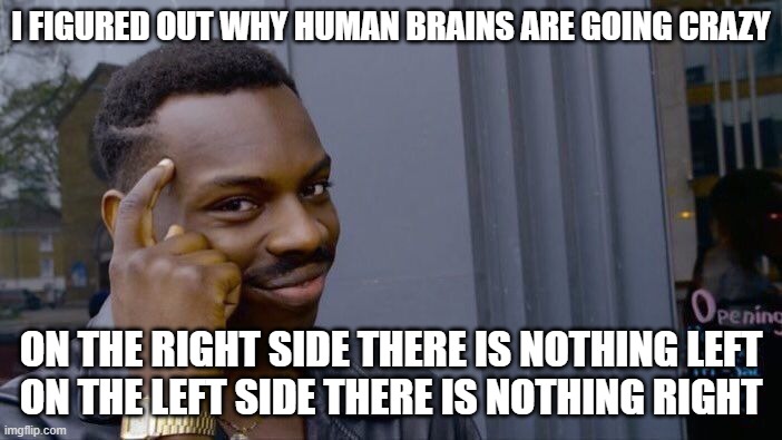 HuMaN bRaInS | I FIGURED OUT WHY HUMAN BRAINS ARE GOING CRAZY; ON THE RIGHT SIDE THERE IS NOTHING LEFT
ON THE LEFT SIDE THERE IS NOTHING RIGHT | image tagged in memes,roll safe think about it | made w/ Imgflip meme maker