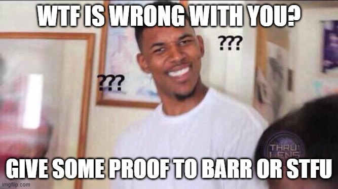 Black guy confused | WTF IS WRONG WITH YOU? GIVE SOME PROOF TO BARR OR STFU | image tagged in black guy confused | made w/ Imgflip meme maker