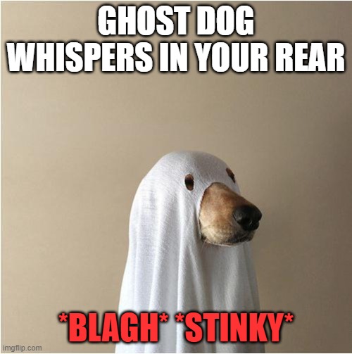 Ghost dog | GHOST DOG WHISPERS IN YOUR REAR; *BLAGH* *STINKY* | image tagged in ghost doge | made w/ Imgflip meme maker
