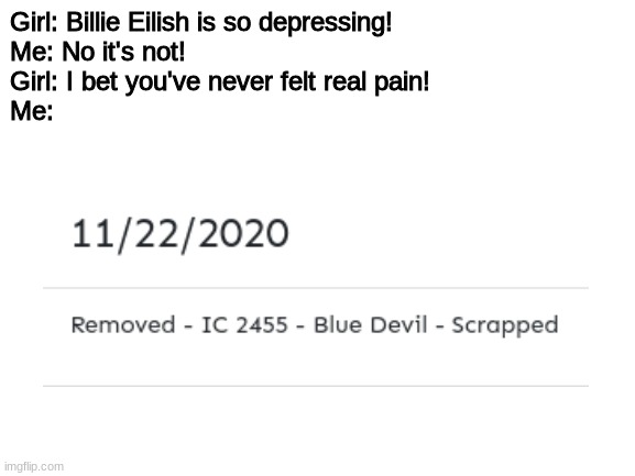 Blank White Template | Girl: Billie Eilish is so depressing!
Me: No it's not!
Girl: I bet you've never felt real pain!
Me: | image tagged in blank white template | made w/ Imgflip meme maker