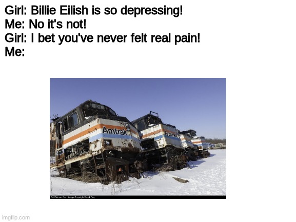 Girl: Billie Eilish is so depressing!
Me: No it's not!
Girl: I bet you've never felt real pain!
Me: | made w/ Imgflip meme maker