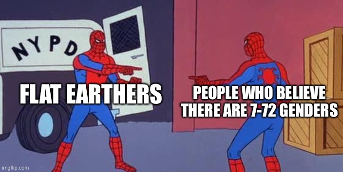 Spider Man Double | PEOPLE WHO BELIEVE THERE ARE 7-72 GENDERS; FLAT EARTHERS | image tagged in spider man double,flat earthers,gender identity,did you just assume my gender,flat earth,gender studies | made w/ Imgflip meme maker