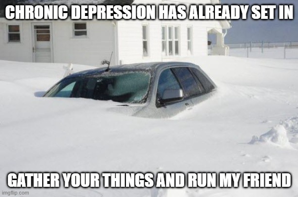 Snow storm Large | CHRONIC DEPRESSION HAS ALREADY SET IN GATHER YOUR THINGS AND RUN MY FRIEND | image tagged in snow storm large | made w/ Imgflip meme maker