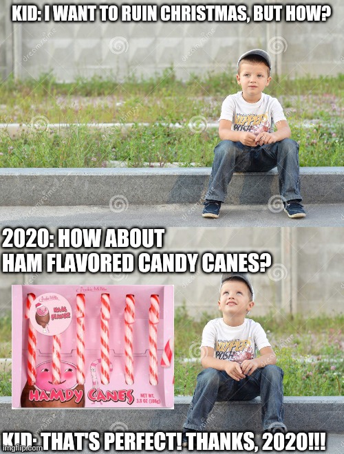 Hamby Canes | KID: I WANT TO RUIN CHRISTMAS, BUT HOW? 2020: HOW ABOUT HAM FLAVORED CANDY CANES? KID: THAT'S PERFECT! THANKS, 2020!!! | image tagged in 2020,gross,christmas,candy | made w/ Imgflip meme maker