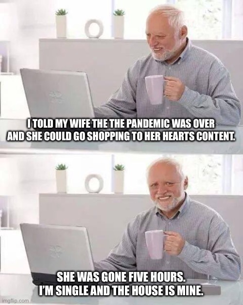 Covid beats a divorce | I TOLD MY WIFE THE THE PANDEMIC WAS OVER AND SHE COULD GO SHOPPING TO HER HEARTS CONTENT. SHE WAS GONE FIVE HOURS. I’M SINGLE AND THE HOUSE IS MINE. | image tagged in memes,hide the pain harold | made w/ Imgflip meme maker