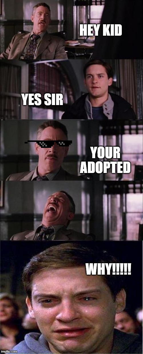 Peter Parker Cry | HEY KID; YES SIR; YOUR ADOPTED; WHY!!!!! | image tagged in memes,peter parker cry,adopted | made w/ Imgflip meme maker