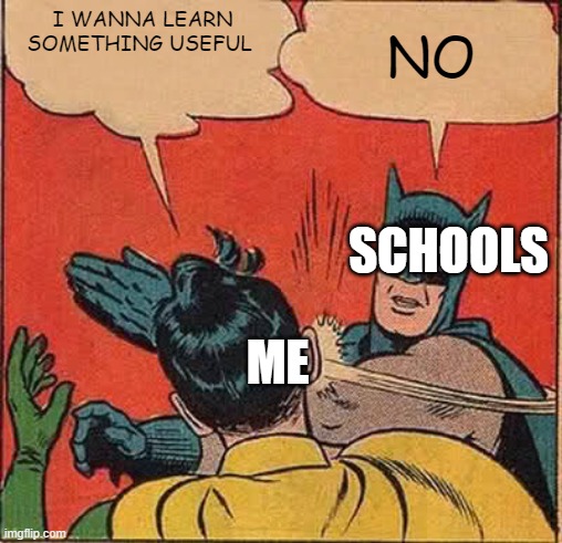 Batman Slapping Robin | I WANNA LEARN SOMETHING USEFUL; NO; SCHOOLS; ME | image tagged in memes,batman slapping robin | made w/ Imgflip meme maker