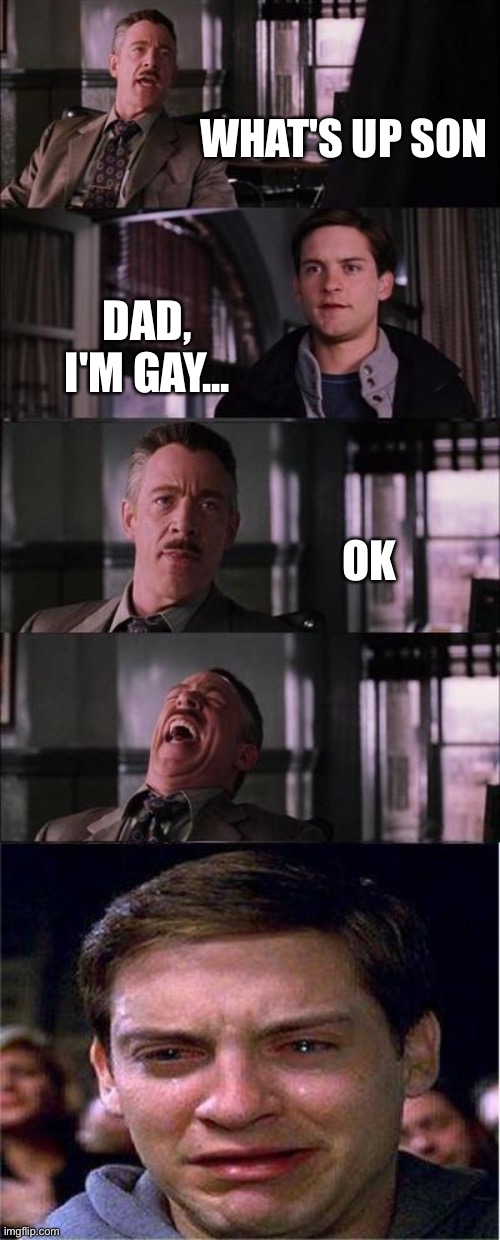 How coming out went... | WHAT'S UP SON; DAD, I'M GAY... OK | image tagged in memes,peter parker cry,lgbtq,coming out,gay pride,gay | made w/ Imgflip meme maker