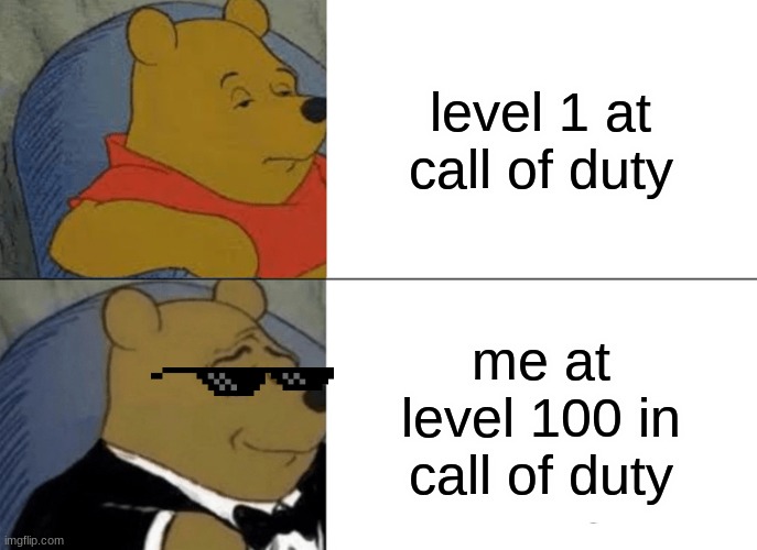 call of duty | level 1 at call of duty; me at level 100 in call of duty | image tagged in memes,tuxedo winnie the pooh | made w/ Imgflip meme maker