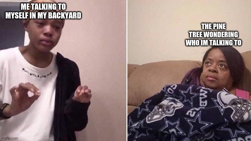 E | ME TALKING TO MYSELF IN MY BACKYARD; THE PINE TREE WONDERING WHO IM TALKING TO | image tagged in me explaining to my mom | made w/ Imgflip meme maker