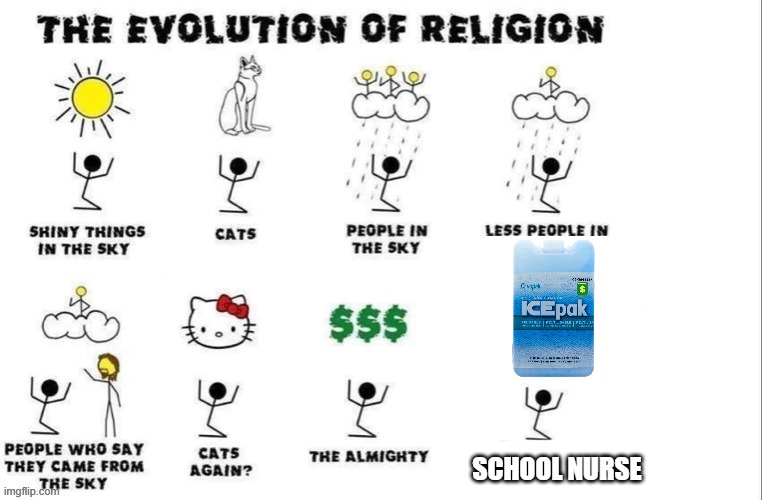 hm | SCHOOL NURSE | image tagged in the evolution of religion | made w/ Imgflip meme maker