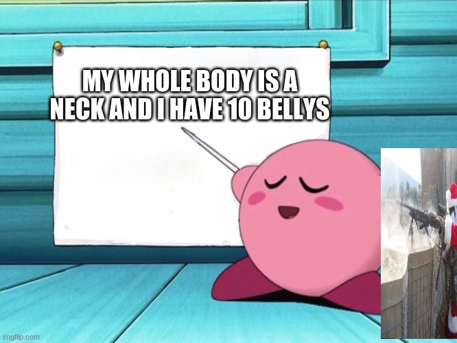kirby sign | MY WHOLE BODY IS A NECK AND I HAVE 10 BELLYS | image tagged in kirby sign | made w/ Imgflip meme maker