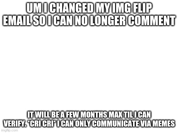 *cri cri* | UM I CHANGED MY IMG FLIP EMAIL SO I CAN NO LONGER COMMENT; IT WILL BE A FEW MONTHS MAX TIL I CAN VERIFY. *CRI CRI* I CAN ONLY COMMUNICATE VIA MEMES | image tagged in blank white template | made w/ Imgflip meme maker