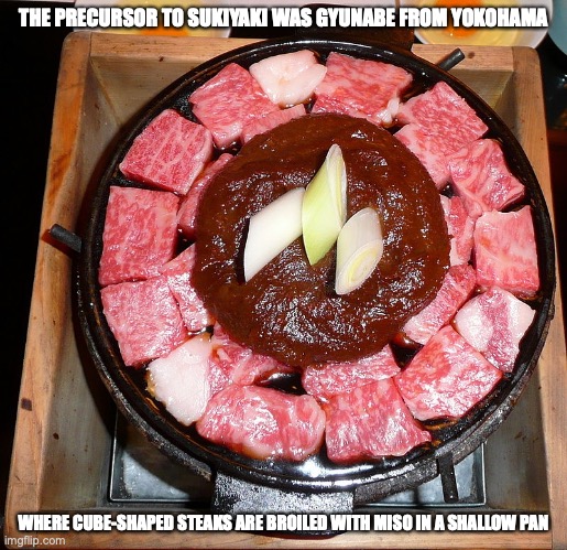 Gyunabe | THE PRECURSOR TO SUKIYAKI WAS GYUNABE FROM YOKOHAMA; WHERE CUBE-SHAPED STEAKS ARE BROILED WITH MISO IN A SHALLOW PAN | image tagged in food,memes,beef | made w/ Imgflip meme maker