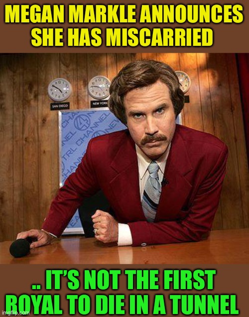 I’ve asked before but I’m going to ask again. everyone knows what a joke is ... right ? | MEGAN MARKLE ANNOUNCES SHE HAS MISCARRIED; .. IT’S NOT THE FIRST ROYAL TO DIE IN A TUNNEL | image tagged in ron burgundy,megan markle,royals,prince harry,princess diana,dark humour | made w/ Imgflip meme maker