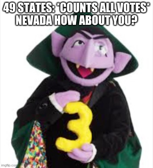 elections these days | 49 STATES: *COUNTS ALL VOTES*
NEVADA HOW ABOUT YOU? | image tagged in the count | made w/ Imgflip meme maker